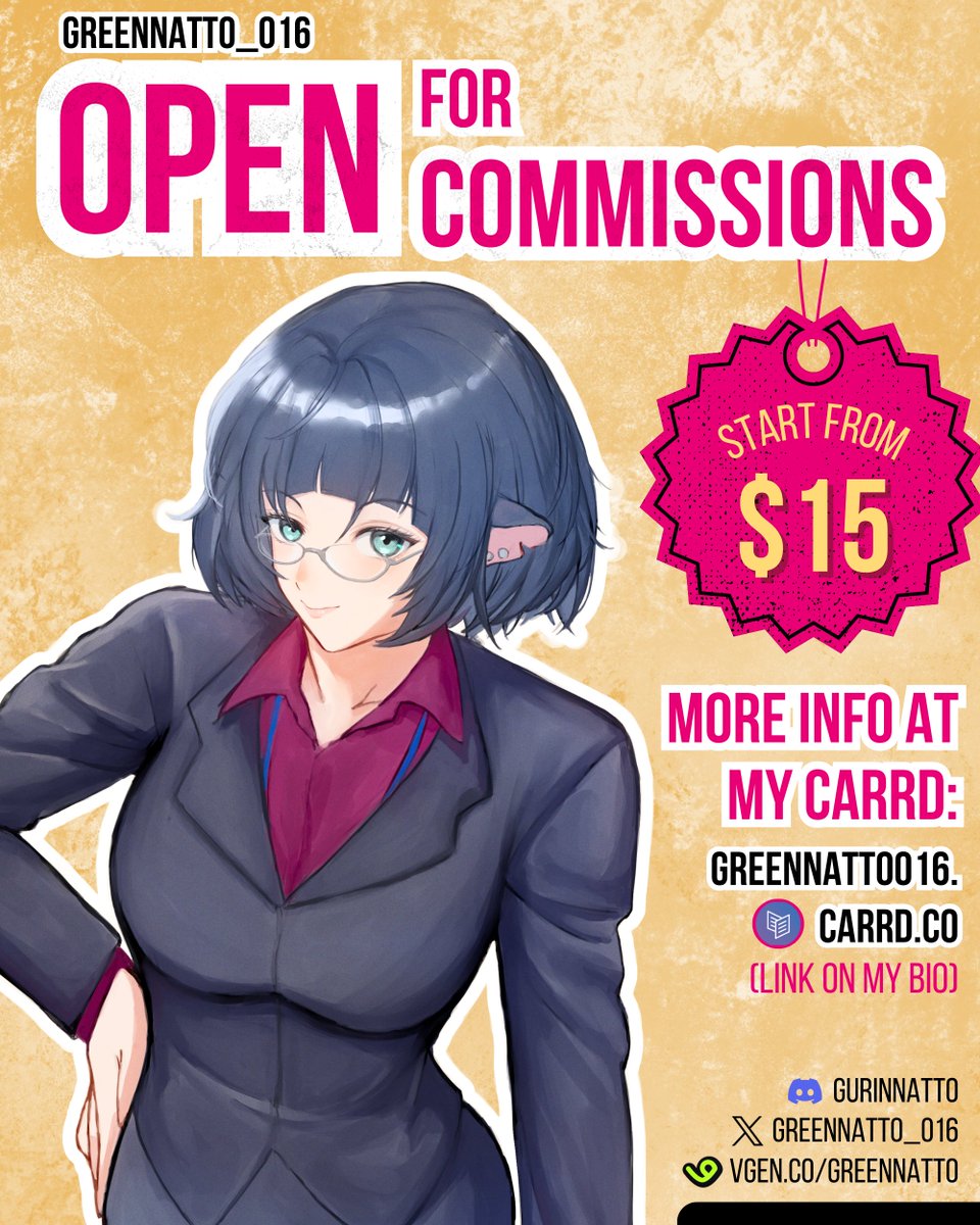 Commissions Open!

Hello guys, imma open 5 slots commissions for this month,
more info > greennatto016.carrd.co

Don't hestitate to ask me on DM/Discord if u have any question,
Share are really appreciated, thankyou!

#commissionsopen #opencommission #AnimeArt #dndart #FFXIVART