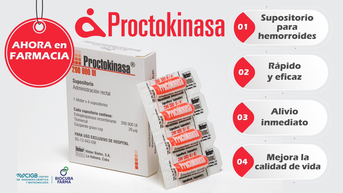 ¡AHORA EN FARMACIA!
#Proctokinasa supositorios para #hemorroides (para el tratamiento de la crisis hemorroidal aguda). Respuesta terapéutica rápida y efectiva. En pocos días desaparece la inflamación, el dolor perianal y el sangrado rectal. Mejora la calidad de vida.