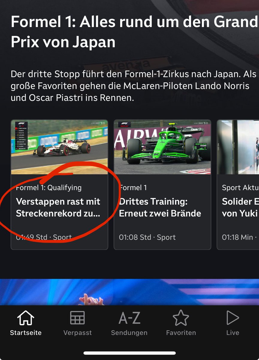 Wird morgen das Ergebnis des Rennens auch wieder gespoilert im Thumbnail in der ORF ON App?? Wann schafft ihr es endlich, wie Servus TV, die VODs spoilerfrei anzubieten? Super unprofessionell. <a href="/ernie1c/">Ernst Hausleitner 🏁</a> <a href="/ORF/">ORF</a> #JapanGP #orf #Formel1