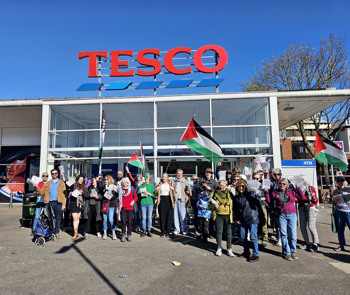 HackneyPSC's tweet photo. Hackney PSC outside Tesco’s store in Morning Lane this afternoon. 
Great response from Hackney community to
Don’t buy Apartheid consumer boycott launched today. 
Don’t fund a genocide &amp; apartheid.
Don’t buy Israeli dates, avocados, Coca Cola and Costa coffee amongst other goods. https://t.co/ZkMvdJToc8