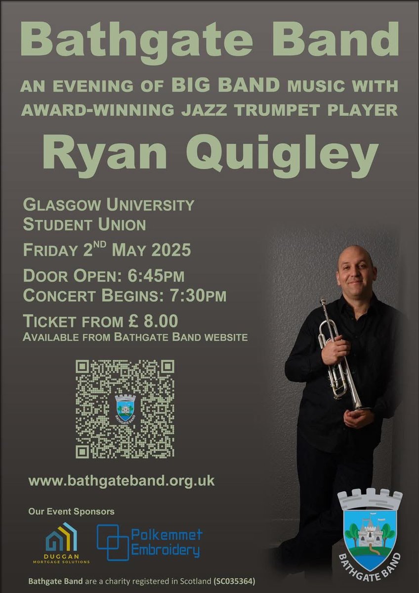 bathgateband1's tweet photo. Friday 2nd May at Glasgow University Union (GUU)

An exciting evening of Big Band music, hosted by Bathgate Band, with special guest Ryan Quigley.

Get your tickets now from the Bathgate Band website. 

https://t.co/JkE3rZR5A5 https://t.co/pOUE7oS1Pv