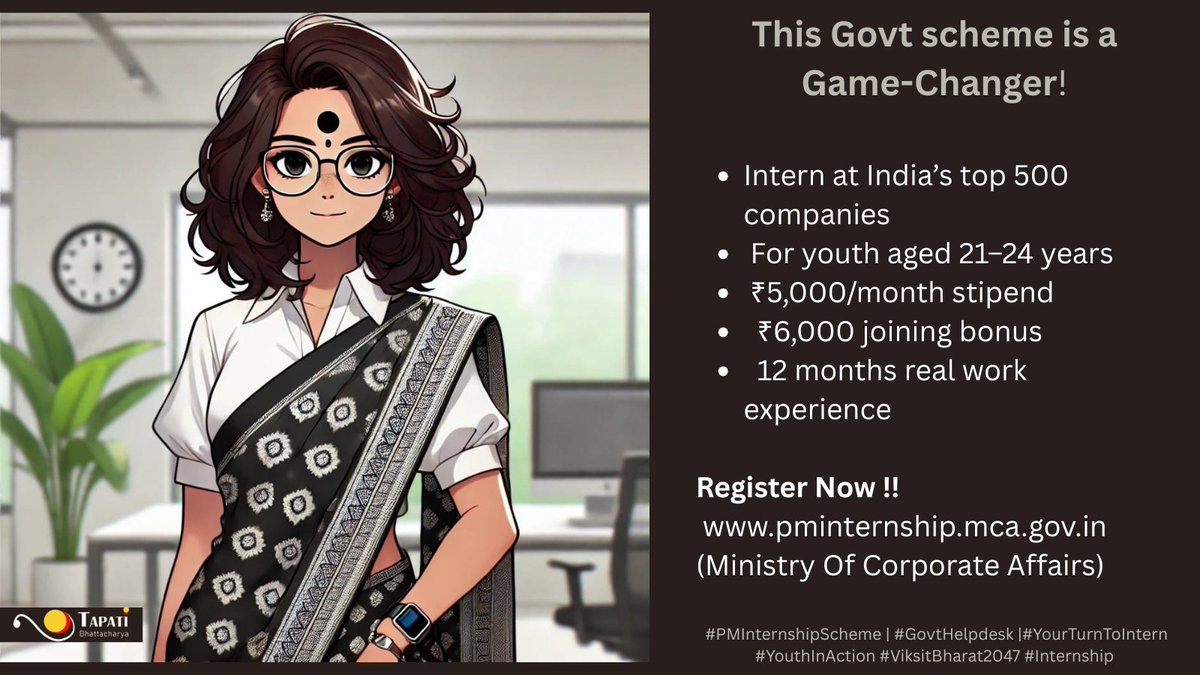 This Govt scheme is a game-changer!
Intern at top 500 Indian companies
 Age- 21–24 yrs
 ₹5,000/month stipend
  ₹6,000 joining bonus
  12 months real work experience 
Register Now!! pminternship.mca.gov.in
(MCA)
 #PMInternshipScheme | #GovtHelpdesk |  #ViksitBharat2047