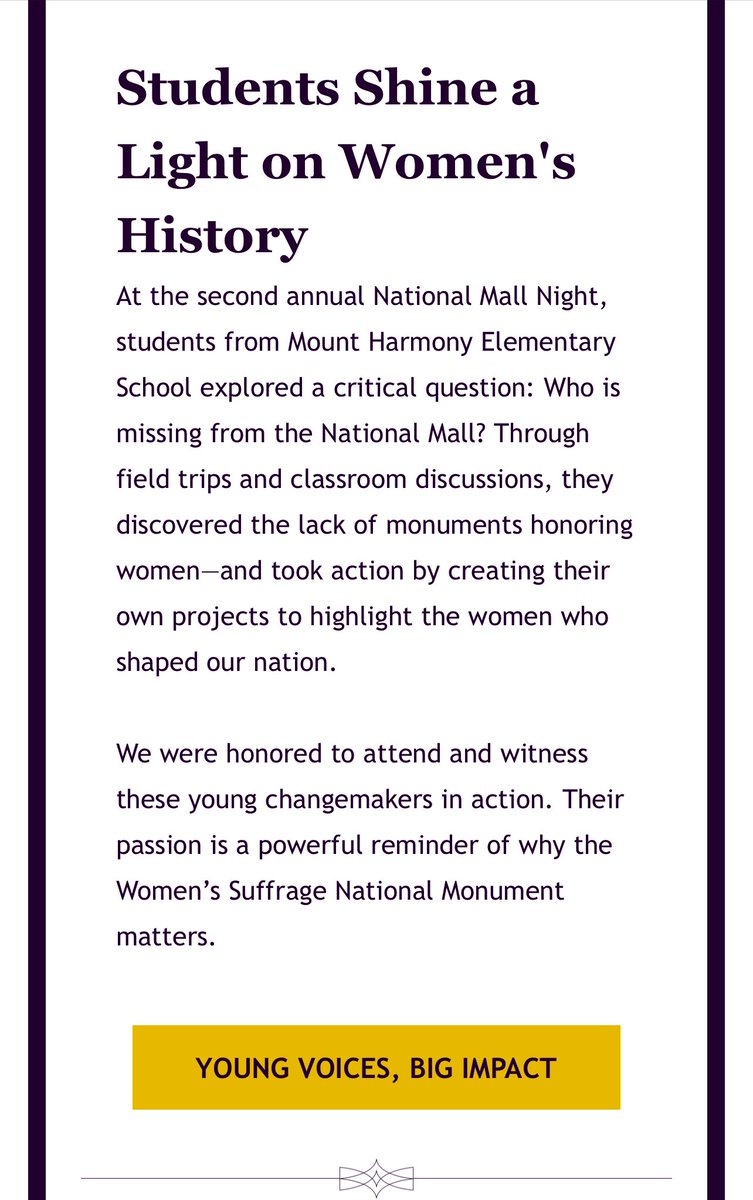 When elementary students collaborate with real world initiatives motivation moves mountains. Thank you <a href="/womensmonument/">Women's Suffrage National Monument Foundation</a> for partnering with Mount Harmony Elementary and Calvert County Public Schools to make project-based learning so meaningful!