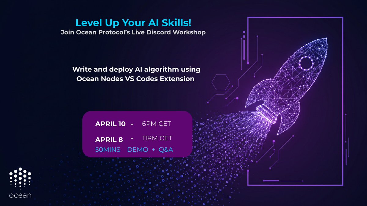 Daren_xy's tweet image. 1/ Hey devs! 🚀 
Ready to level up your AI skills? 
Join Ocean Protocol’s live Discord workshop on deploying AI algorithms with Ocean VS Code Extension and Ocean Nodes. 

It’s gonna be a blast, trust me! 🖥

@oceanprotocol @op_ambassadors $ASI
#AI #oceanprotocol #Web3