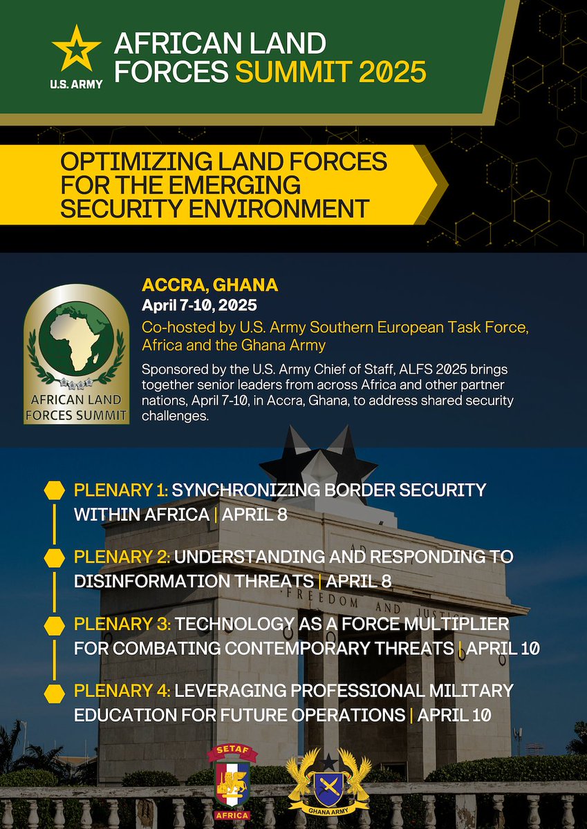 SETAF_Africa's tweet photo. ๐ฃ #SaveTheDate #ALFS is starting Monday, April 7, in Accra, Ghana! ๐ฌ๐ญ
Sponsored by the @USArmy Chief of Staff, #ALFS25 brings together senior leaders from across Africa & other #patners to address shared security challenges. https://t.co/P3MsK7Sqzd