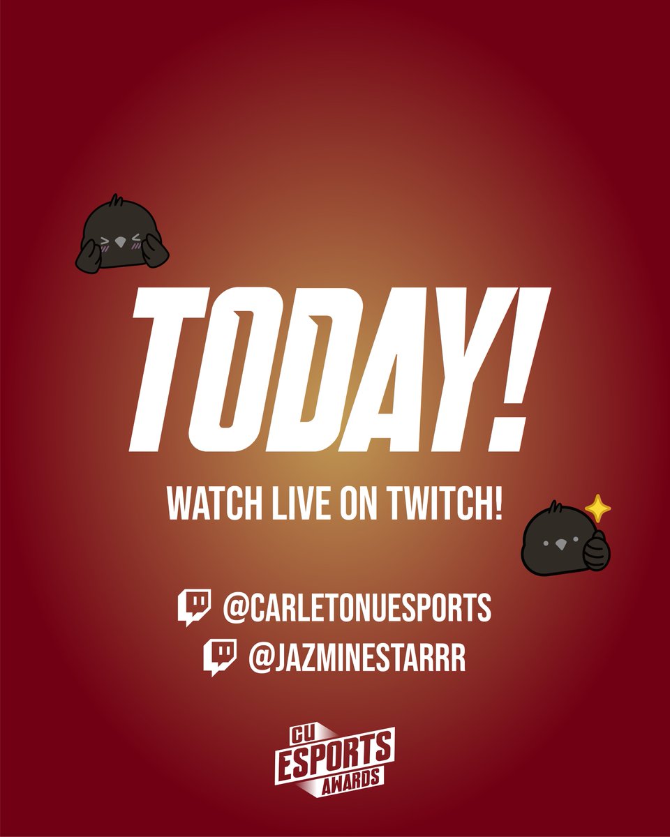 Suit up ravens because OUR AWARD SHOW IS TODAY! 🏆 Be sure to catch our streams starting ~5:30PM!

Still thinking about going? It's not too late to get your ticket!

Can't wait to C U there! 🐦‍⬛💃

🎟️cuesportsawards.squarespace.com/tickets
📺 twitch.tv/carletonuespor…
📺 twitch.tv/jazminestarrr