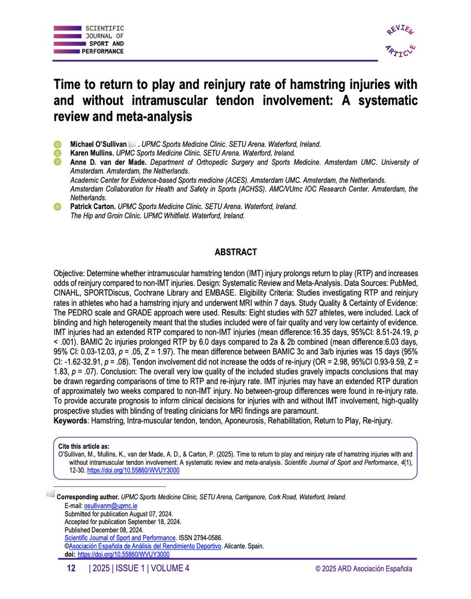 Specialized Training™️ (@tatopek1) on Twitter photo 🆕"This systematic review aimed to compare time to RTP (in days) and odds of re-injury in elite & competitive athletes with an acute hamstring injury with & without IMT involvement (confirmed with MRI)"
👉 <a href="/mosphysio/">Michael O'Sullivan</a> et al, 2025 🇮🇪
📂Open Access: sjsp.aearedo.es/index.php/sjsp… 🆕"This systematic review aimed to compare time to RTP (in days) and odds of re-injury in elite & competitive athletes with an acute hamstring injury with & without IMT involvement (confirmed with MRI)"
👉 <a href="/mosphysio/">Michael O'Sullivan</a> et al, 2025 🇮🇪
📂Open Access: sjsp.aearedo.es/index.php/sjsp…