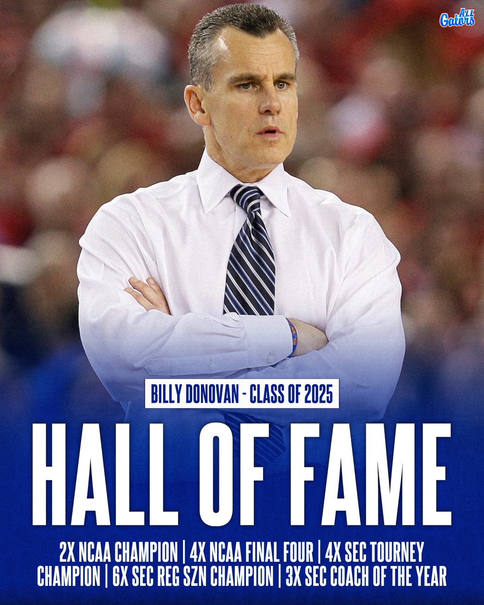 Legendary Florida Men’s Basketball Head Coach Billy Donovan will be inducted into the Naismith Basketball Hall of Fame. 🐊🔥

📸: Charlie Neibergall/AP