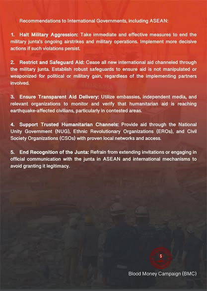 bloodmoney22222's tweet photo. Urgent call on international governments to impose effective sanctions to immediately halt the military junta's airstrikes across the country, including in earthquake-affected areas

No. 6/2025
5 April, 2025

#MyanmarEarthquake 
#WhatsHappeningInMyanmar #BloodMoneyCampaignMM https://t.co/jr8uZxh9Cf