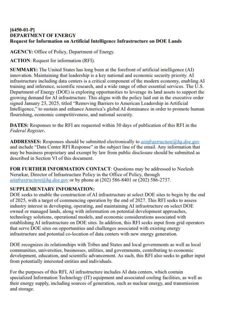 Department of Energy (DOE) Identifies 16 Federal Sites Across the Country for Data Center and AI Infrastructure Development

“DOE has released a Request for Information (RFI) to inform possible use of DOE land for artificial intelligence (AI) infrastructure development to support