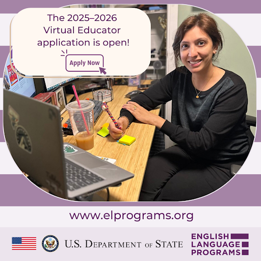 The 2025-2026 Virtual English Language Educator Application is open! Don't miss this opportunity — elprograms.org apply today! 
#ELVirtualEducator #ExchangeOurWorld