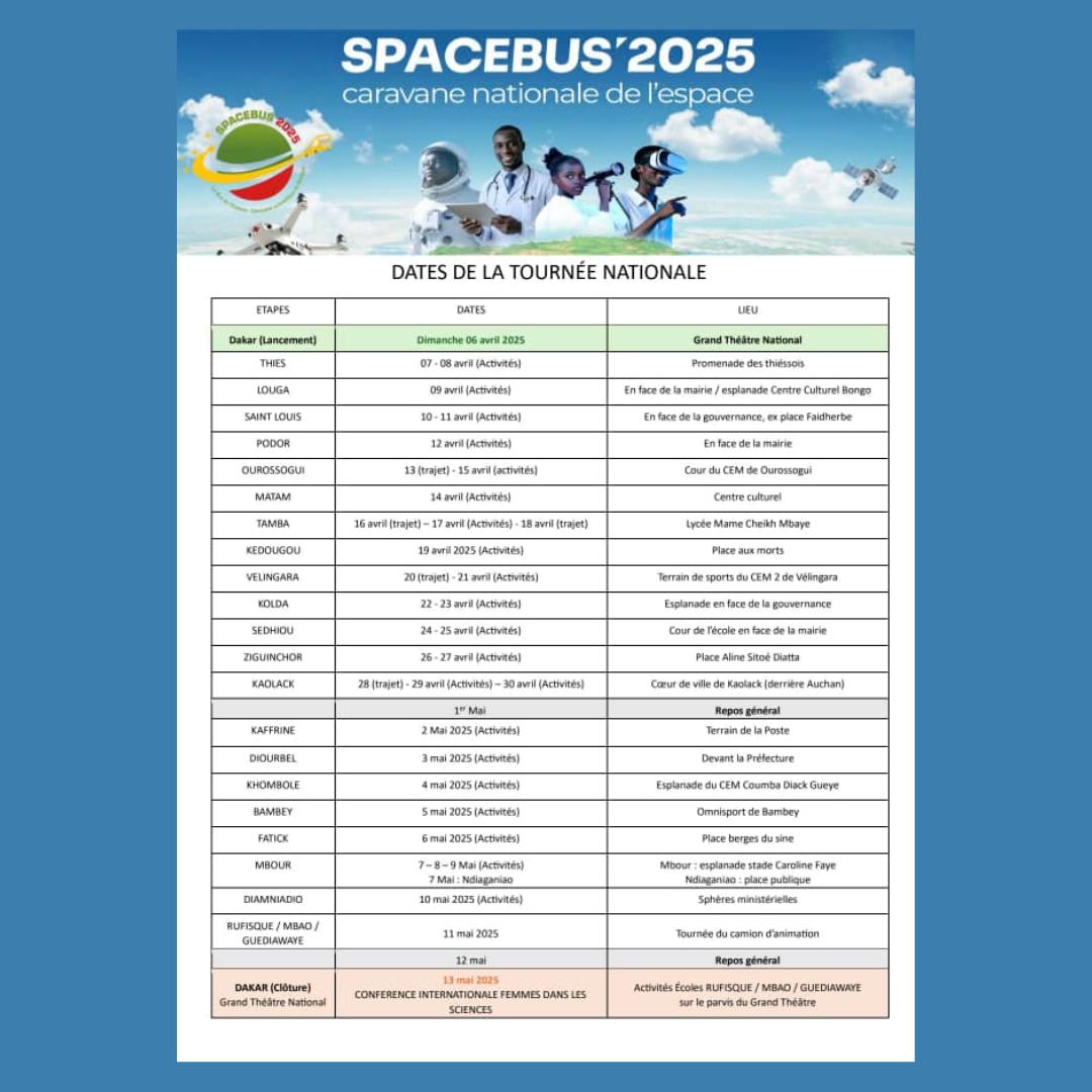 GouvernementSN's tweet photo. SPACEBUS 2025 : la caravane nationale de l’espace, du 6 avril au 13 mai 2025.

La cérémonie officielle de lancement de la Caravane, prévue le 06 avril 2025 à l’esplanade du grand théâtre Doudou Ndiaye Coumba Rose sera présidée par Son Excellence Monsieur le Président de la République, en présence des membres du gouvernement, des partenaires institutionnels, techniques et financiers de la Caravane, et des étudiant(e)s et élèves des
établissements invités.