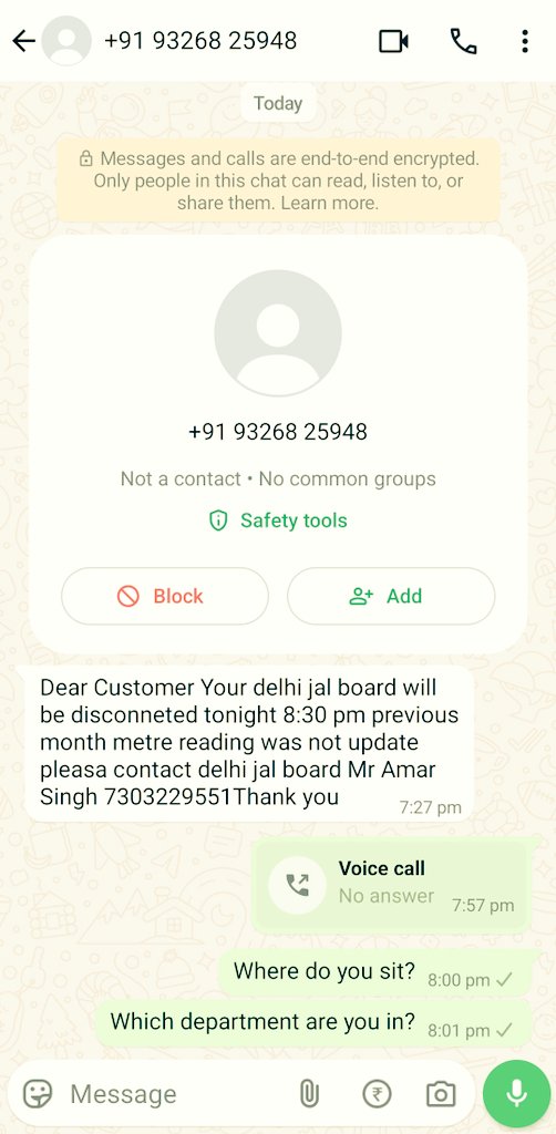 DeepakGuptaDP's tweet photo. @DelhiJalBoard #Fraud @p_sahibsingh
Please check, I have received a message from on WhatsApp.
I have talked on the given number, this guy is saying that I am talking from Noida and you have to make advance payment otherwise you will not get water from today. https://t.co/CfmAMMMHdU