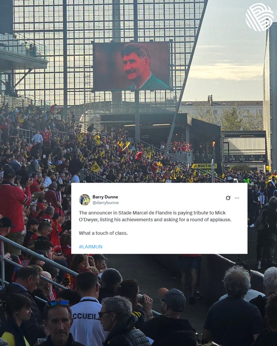 This was incredibly classy from La Rochelle.

A tribute and round of applause to Mick O'Dwyer at Stade Marcel Deflandre before the Munster game today. 

Bien joué!👏🏻

📸Liam Tracey
