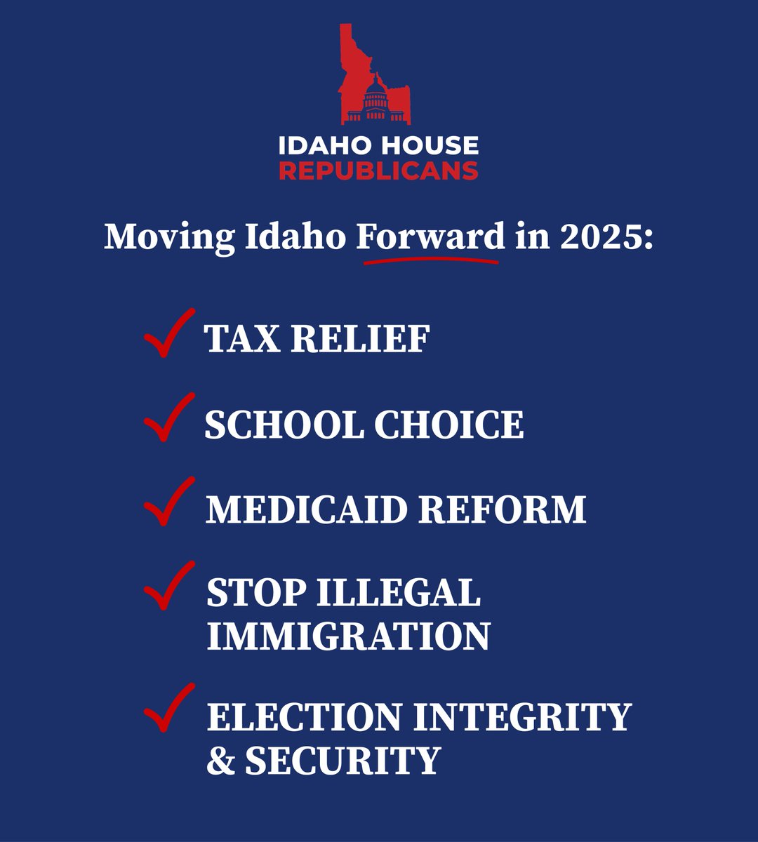 IDHouseGOP's tweet image. At the beginning of session, we agreed on 5 Top Priorities based on input from our constituents & the most pressing issues facing Idahoans. We're happy to report to the People of Idaho that we successfully passed legislation on every one of these priorities! #idaho #idleg #idpol