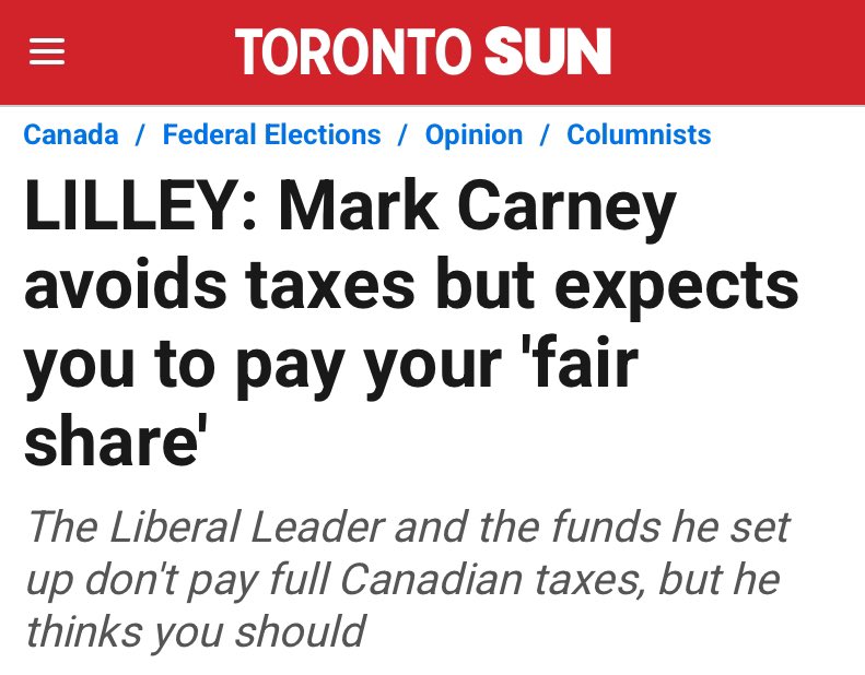 TAX HYPOCRITE Mark Carney lectures Canadians on paying their “fair share.”

Meanwhile Carney helped HIS company EVADE $5.3B in Canadian taxes since 2021.

Carney also FUNNELLED $25B to BERMUDA to avoid Canadian taxes.

Carney has NO SHAME. He will NEVER put Canada first.
