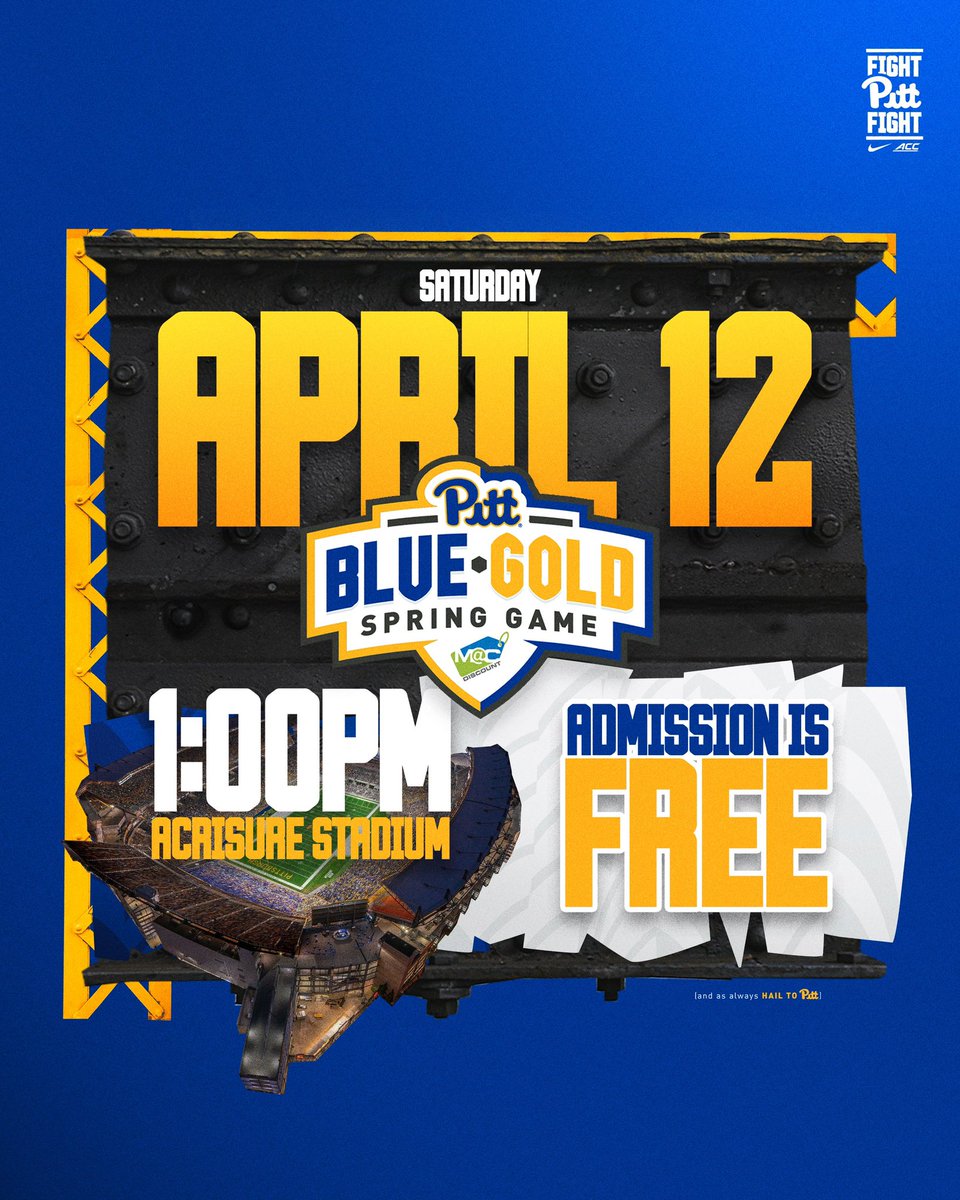 Pitt Football (@pitt_fb) on Twitter photo One week away… The Blue-Gold Spring Game 🔵🟡
Presented by mac.bid
📅 Saturday, April 12
⏰ 1 PM
🏟️ <a href="/AcrisureStadium/">Acrisure Stadium</a>
Read more: pi.tt/FB25SpringGame One week away… The Blue-Gold Spring Game 🔵🟡
Presented by mac.bid
📅 Saturday, April 12
⏰ 1 PM
🏟️ <a href="/AcrisureStadium/">Acrisure Stadium</a>
Read more: pi.tt/FB25SpringGame