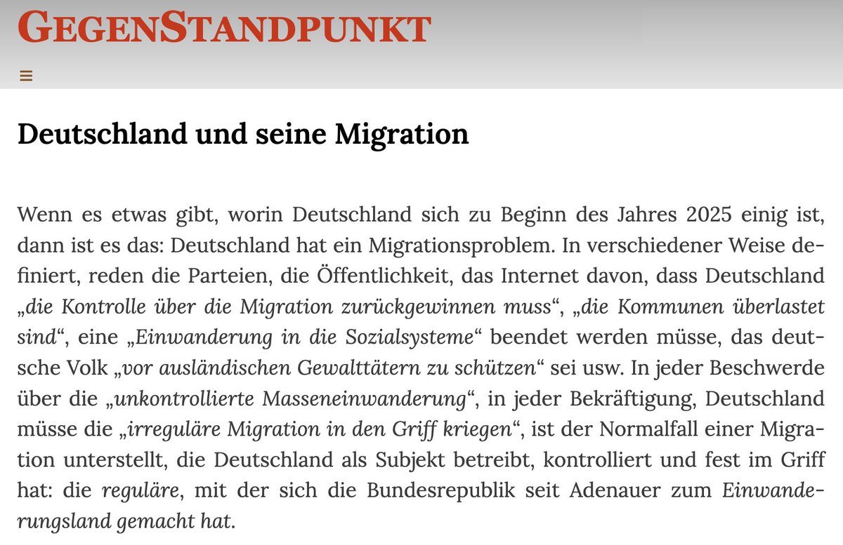 Deutschland und seine #Migration 
Aus #GegenStandpunkt 1-25
de.gegenstandpunkt.com/artikel/deutsc…

#Migrationspolitik #einwanderungsland #masseneinwanderung