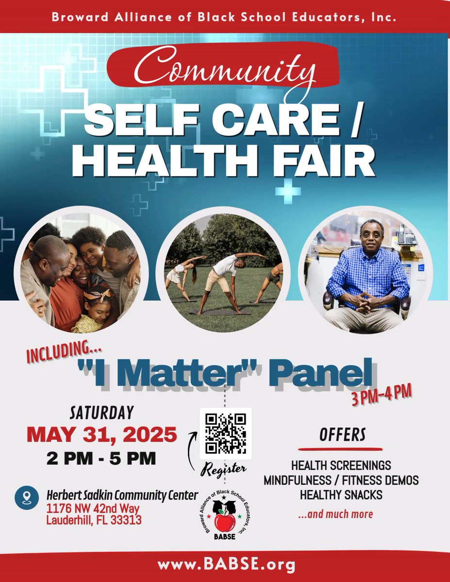 Broward-ABSE (@babsebroward) on Twitter photo Mark your calendar!
BABSE’s Self-Care/Health Fair is May 31 | 2–5 PM
•“I Matter” Panel
•Health demos
•Screenings + snacks
Free event! Register: babse.org
#BABSE #IMatter #HealthFair #CommunityCare Mark your calendar!
BABSE’s Self-Care/Health Fair is May 31 | 2–5 PM
•“I Matter” Panel
•Health demos
•Screenings + snacks
Free event! Register: babse.org
#BABSE #IMatter #HealthFair #CommunityCare