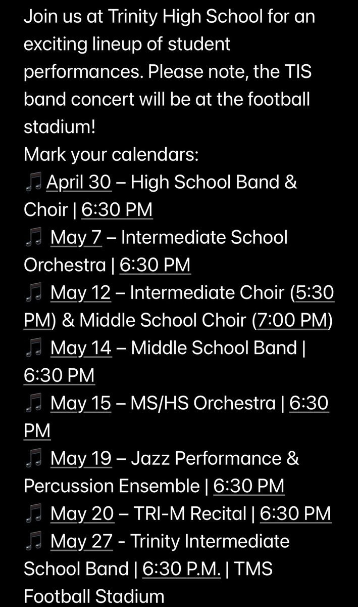 All concerts are free of charge! Come see the talent of your children! <a href="/TRINITY_MLUCAS/">Dr. Michael Lucas</a>