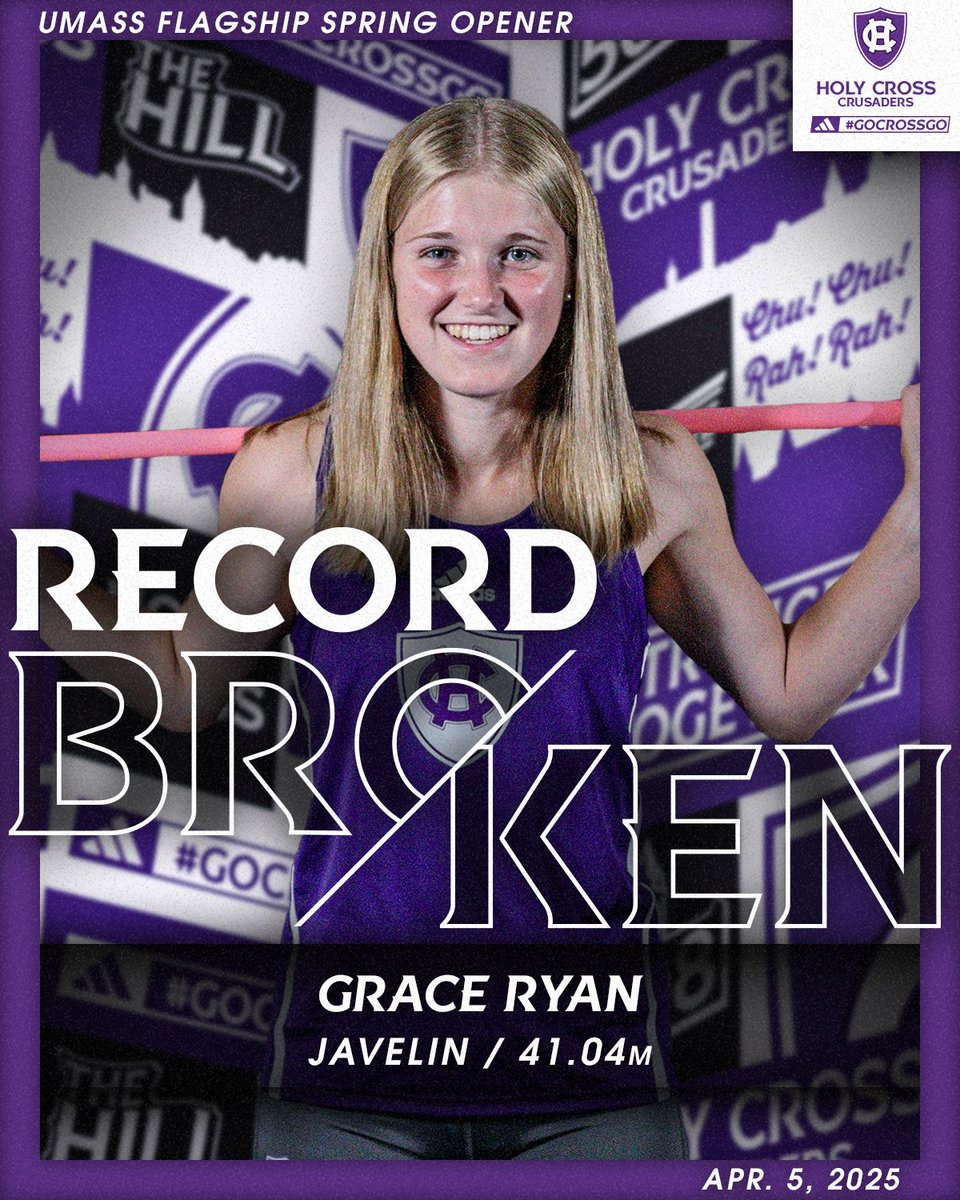 🚨 RECORD BROKEN 🚨

Grace just broke the 17-year-old javelin school record with a mark of 41.04m to clinch second in the event! The previous record (40.39m) was set by Chantal Couture ‘10 on April. 19, 2008 at the Holy Cross Invitational!

#GoCrossGo