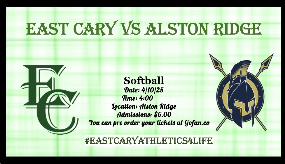 East Cary Athletic Updates - Week of 4/5-4/10.  We hope you can come out this week to support your local scholar athletes and coaches.
#EastCarySpringSports4Life