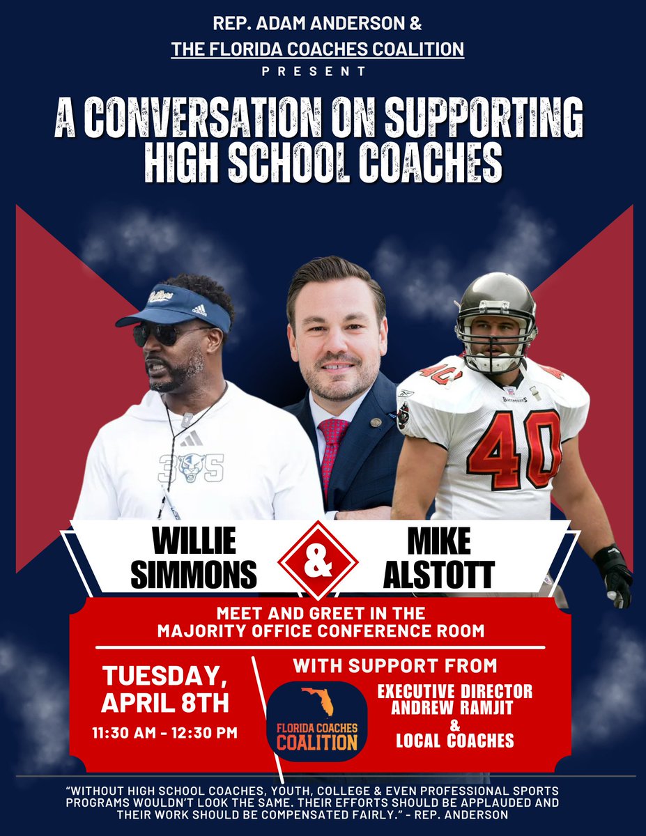 Florida Coaches Coalition (@payflcoaches) on Twitter photo 🚨🚨🚨
High School Coaches do more than coach; they serve as mentors to our children, leaders in their communities, and role models on their campuses.
<a href="/PayFLCoaches/">Florida Coaches Coalition</a> and our membership of high school coaches are thankful to <a href="/AdamAndersonFL/">Rep. Adam Anderson</a> for using his platform to support our 🚨🚨🚨
High School Coaches do more than coach; they serve as mentors to our children, leaders in their communities, and role models on their campuses.
<a href="/PayFLCoaches/">Florida Coaches Coalition</a> and our membership of high school coaches are thankful to <a href="/AdamAndersonFL/">Rep. Adam Anderson</a> for using his platform to support our
