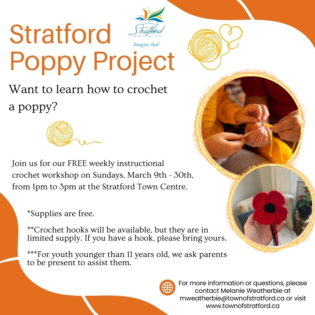 StratfordPEI's tweet image. Don't miss the chance to learn how to crochet a poppy! Drop in tomorrow at 1pm (Sunday, April 6) for this free workshop!
#StratfordPEI #PoppyProject