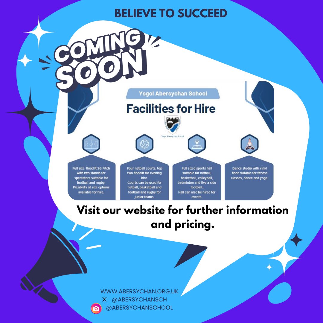 Ysgol Abersychan School (@abersychansch) on Twitter photo Calling all sporting clubs! ๐๐๐๐๐ธ
Our facilities will be available to hire after the Easter break. Bookings will be made through a link to <a href="/SchoolHire/">SchoolHire</a> on our website. More information can be found here โคต๏ธ
abersychan.org.uk/Facilities/
#AberCommunity Calling all sporting clubs! ๐๐๐๐๐ธ
Our facilities will be available to hire after the Easter break. Bookings will be made through a link to <a href="/SchoolHire/">SchoolHire</a> on our website. More information can be found here โคต๏ธ
abersychan.org.uk/Facilities/
#AberCommunity