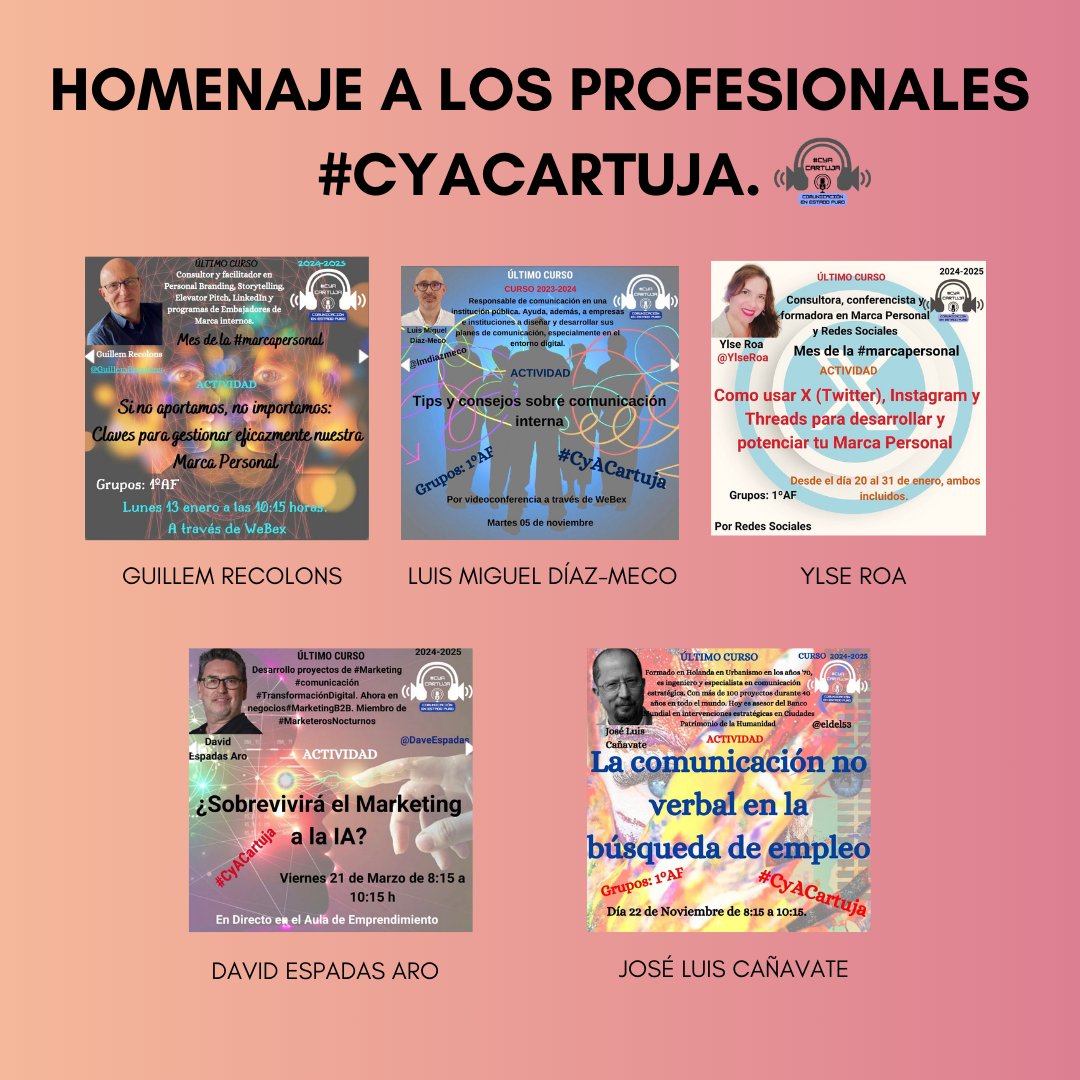 Gracias a estos 5 grandes profesionales por compartir sus conocimientos y experiencias con nosotros durante el curso:
Nos habéis inspirado y motivado muchísimo.
#HomenajeCyACartuja #CyACartuja
<a href="/jmalex/">José Miguel García P</a> <a href="/Clase_CyAC/">José Miguel</a>