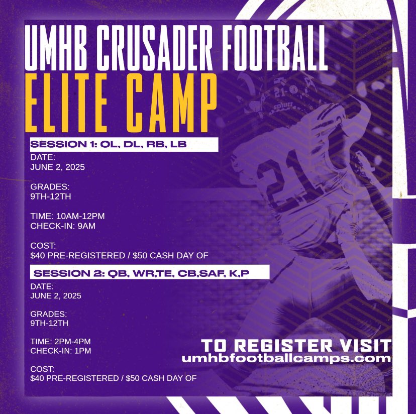 Camp Season right around the corner!!! See y’all there ⚔️⚔️

#GoCru 🟡🟣

umhbfootballcamps.com