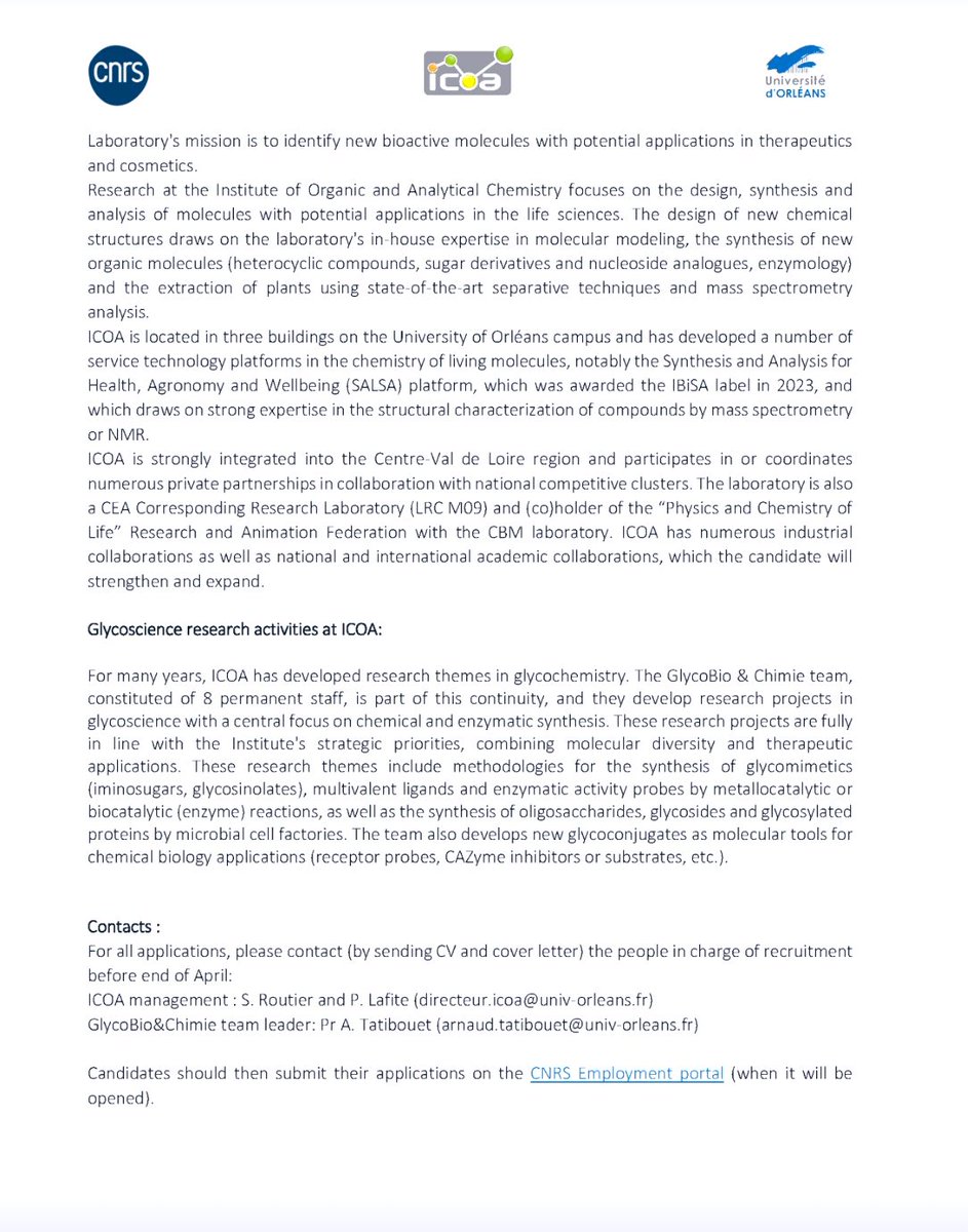 SchulerMarie1's tweet image. ICOA laboratory in Orléans (France) is looking for a candidate to apply for a CNRS Assistant Professorship (tenure-track) in the field of Glycochemistry, starting at the end of 2025. @CNRSchimie @Univ_Orleans