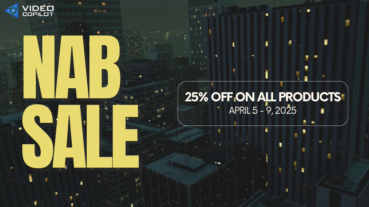 motionmediallc's tweet image. 🚨Video Copilot Sale – 25% OFF!🚨

From April 5-9, save on Element 3D, Optical Flares, Twitch &amp;amp; more! Perfect for filmmakers, editors &amp;amp; motion designers.🎬🎨

🔗Learn More: buff.ly/wqffm0c

#AfterEffects #FilmProduction #MotionGraphic #VFXSale #VFXTools #VideoCopilot