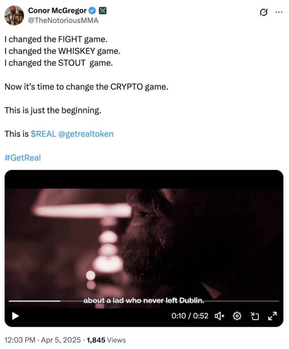 McGregor’s Crypto Punch - $REAL Memecoin Lands!🚀

"REAL" kicks off with a private auction
🔥 Public sale (April 5-6) – price set by last winning bid
🔥 Uniswap V4 launch (April 6) – 16% fee dropping to 2%
🔥 Uniswap V3 shift (April 9) – 1% fee, full liquidity unlocked