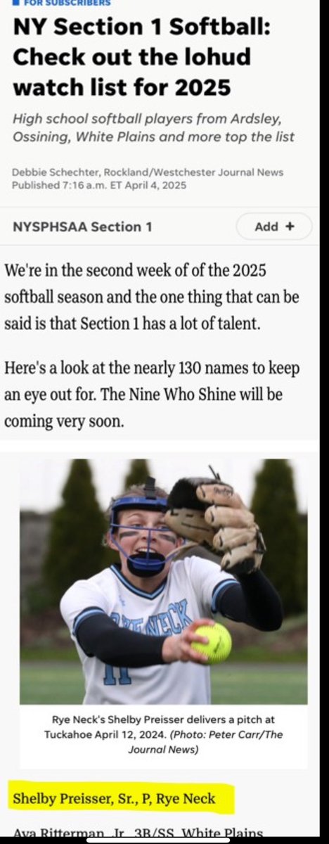 RyeNeck_Sball's tweet photo. Congratulations to our own Shelby Preisser for being on LoHud’s 2025 Section 1 softball watch list! Go Panthers!

Check out this article from lohud:

NY Section 1 Softball: Check out the lohud watch list for 2025
https://t.co/kBlkktmh16

@RNHS_Panthers
@RyeNeckSoftball
@ryeneckschools
@RNHSathletics