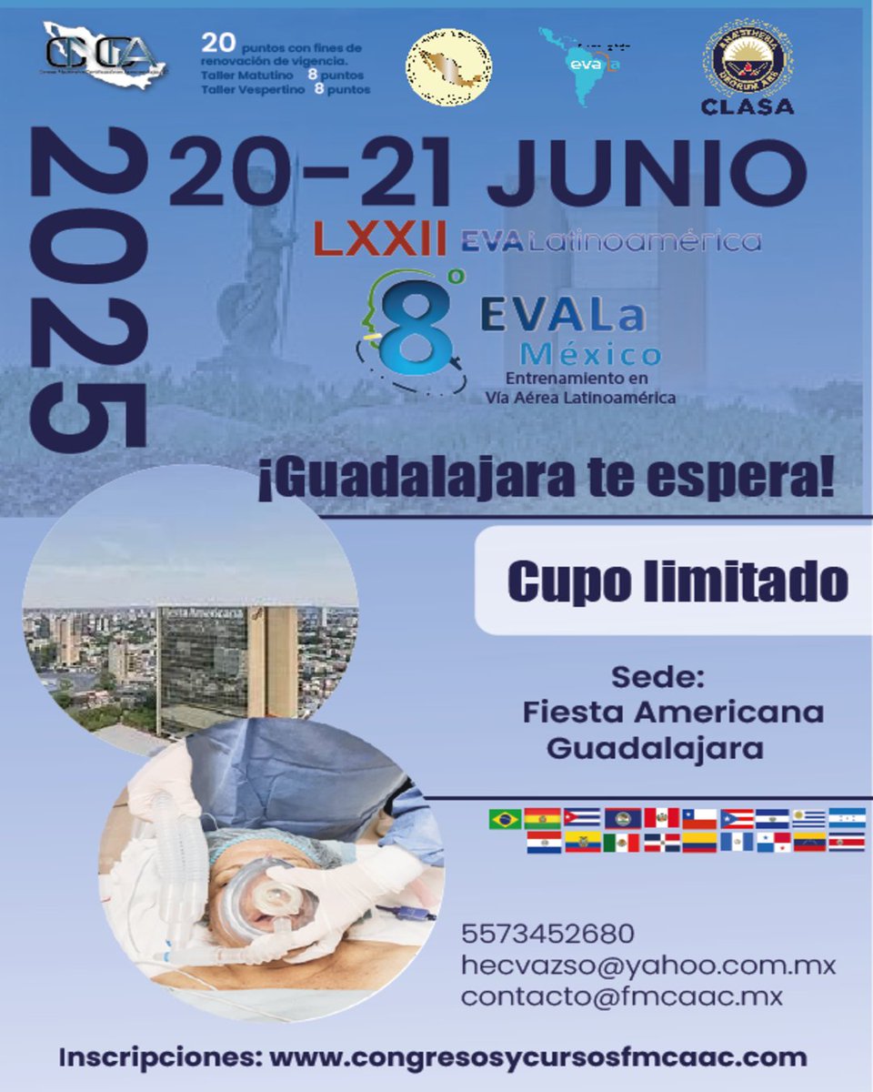 FAnestesiologia's tweet photo. ¡La 8ª edición en México del evento del año! ⏳ LXXII EVA Latinoamérica está por llegar a Guadalajara. 🚀

¡Cupo limitado!

📅 20-21 de junio de 2025

📍 Sede: Fiesta Americana Guadalajara

➡️ Inscríbete ya: https://t.co/IRjZ31vkx2

#Anestesia #EVALa #FMCAAC #Guadalajara https://t.co/y3XH0eZ2kk