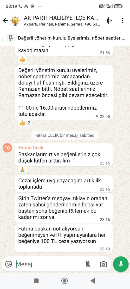 <a href="/fatmaocak0663/">Fatma Ocak</a> Hanımefendi bu iddialar doğrumu? Bu yazışmalar size mi ait! X paylaşımlarınızı beğenmeyen yönetiminize 100 TL ceza keseceğim diyerek baskı kurdunuz mu!?
Şayet bu doğruysa bu tutum siyasi çürümüşlüğün ve organize sosyal medya zorbalığının belgesidir!
Şanlıurfa #AKP
#Urfahaber