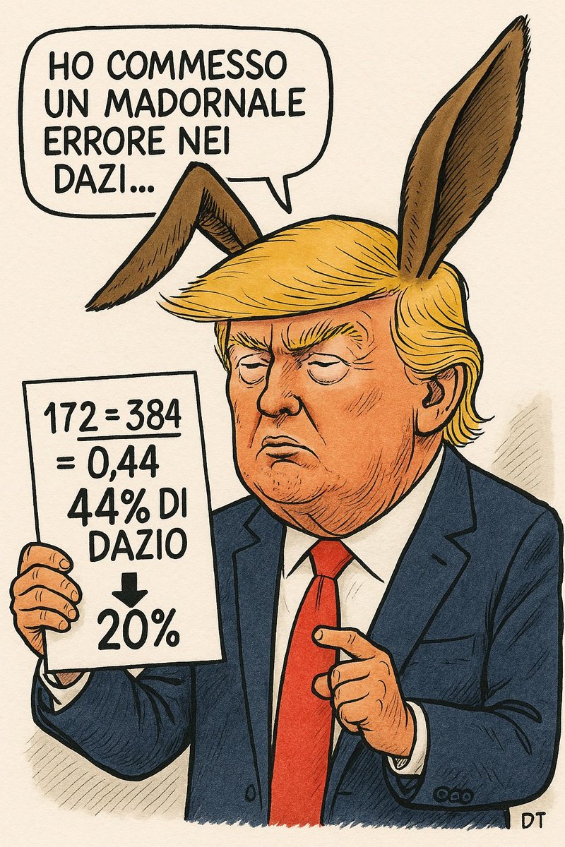 Trump prende i 172 miliardi di avanzo commerciale dell’UE verso gli USA, li divide per i 384 miliardi di esportazioni USA verso l'Europa, ottiene 0,44, lo interpreta come 44%,
e propone un dazio del 40%...
che poi "magnanimamente" riduce al 20%. 👉 Logica Trumponomics in azione!