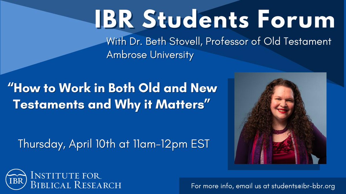 IBRStudents's tweet image. Join us for our monthly IBR Students forum on Thursday, April 10th at 11am EDT! We'll be hosting Dr. Beth Stovell, who will be speaking on the topic of “How to Work in Both Old and New Testaments and Why Its Matters.”
We hope to see you there!