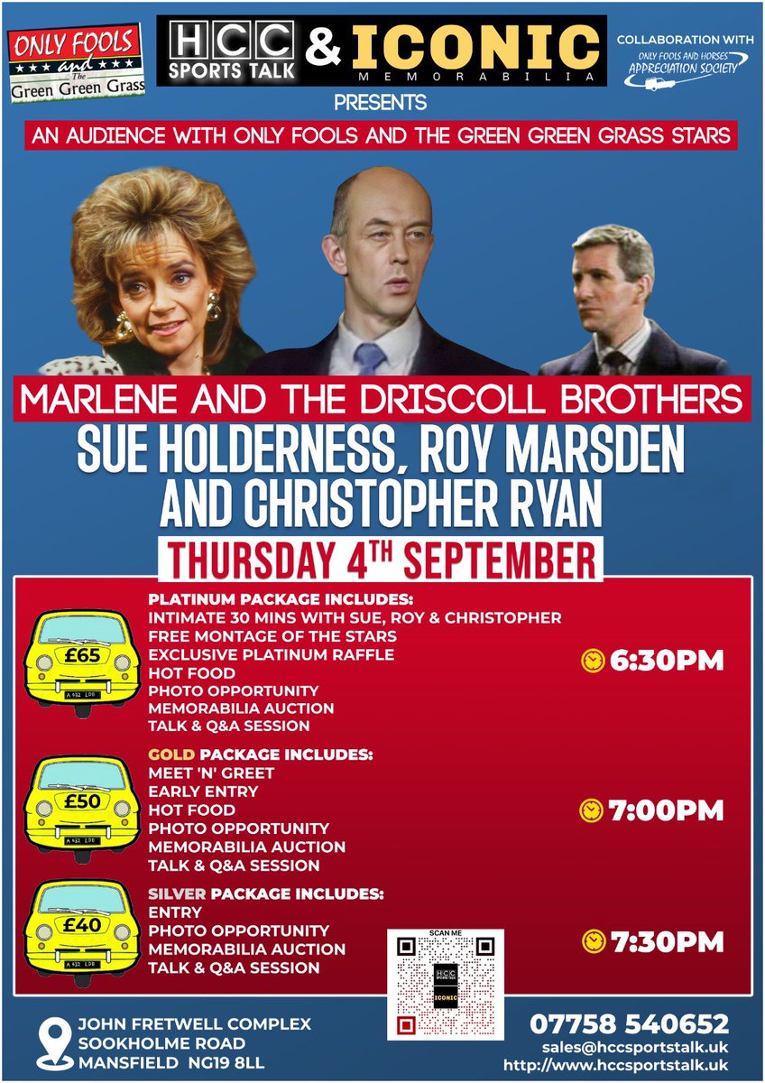 We are please to announce our next event, An Evening with Only Fools &amp; The Green Green Grass Stars Marlene &amp; The Driscoll Brothers

Come and meet cult British TV legends Sue Holderness, Ray Marsden and Christopher Ryan at The John Fretwell Complex on Thursday 4th September.