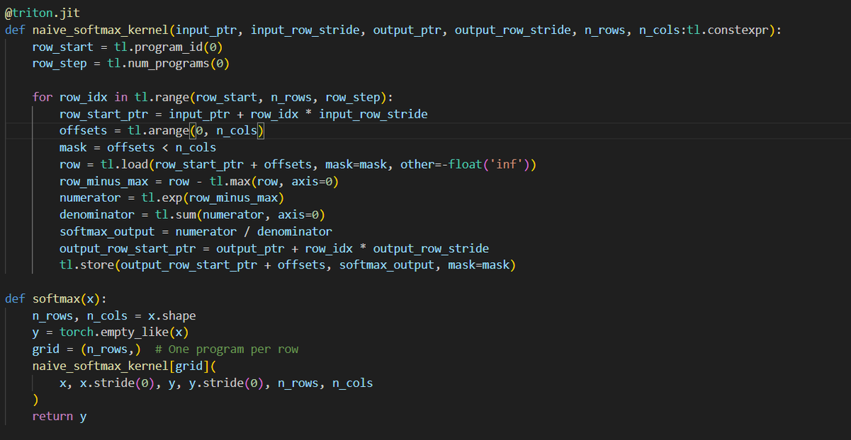 jino_rohit's tweet image. Day6 #100daysofcuda

Implemented a naive softmax kernel and spent some time learning the quirks of triton kernels. Planning to optimize this kernel for the next following days.

Code - github.com/JINO-ROHIT/adv…