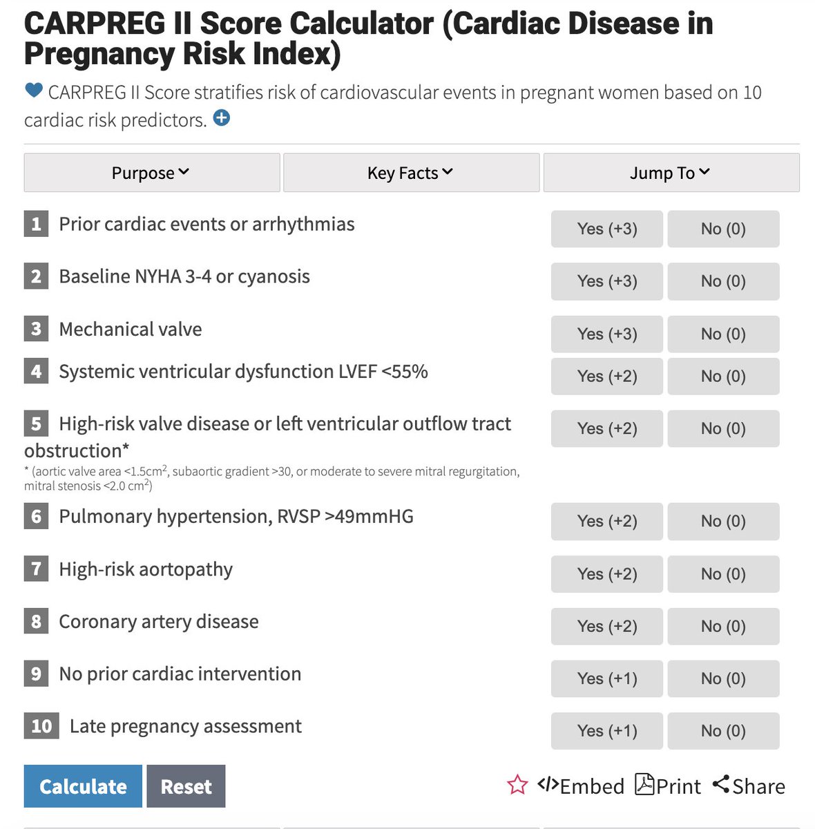 #CardioNuggets 🫀

 CARPREG Risk Score helps predict cardiac complications in pregnant patients with heart disease.

👶 CARPREG I (1 pt each):
▪️ Prior cardiac event
▪️ NYHA &gt; II or cyanosis
▪️ Left heart obstruction
▪️ EF &lt;40%
🧮 0→5%, 1→27%, ≥2→75% risk

 CARPREG II refines