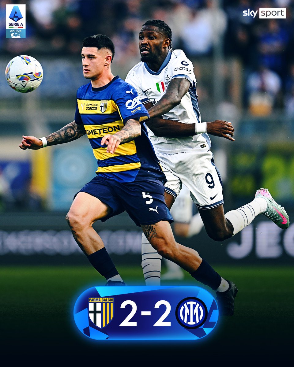 SkySport's tweet image. ULTIM'ORA SERIE A
31^ Giornata

Parma-Inter 2-2

⚽️ #Darmian (15')
⚽️ #Thuram (45')
⚽️ #Bernabé (60')
⚽️ #Ondrejka (69')

#SkySport #SkySerieA #ParmaInter