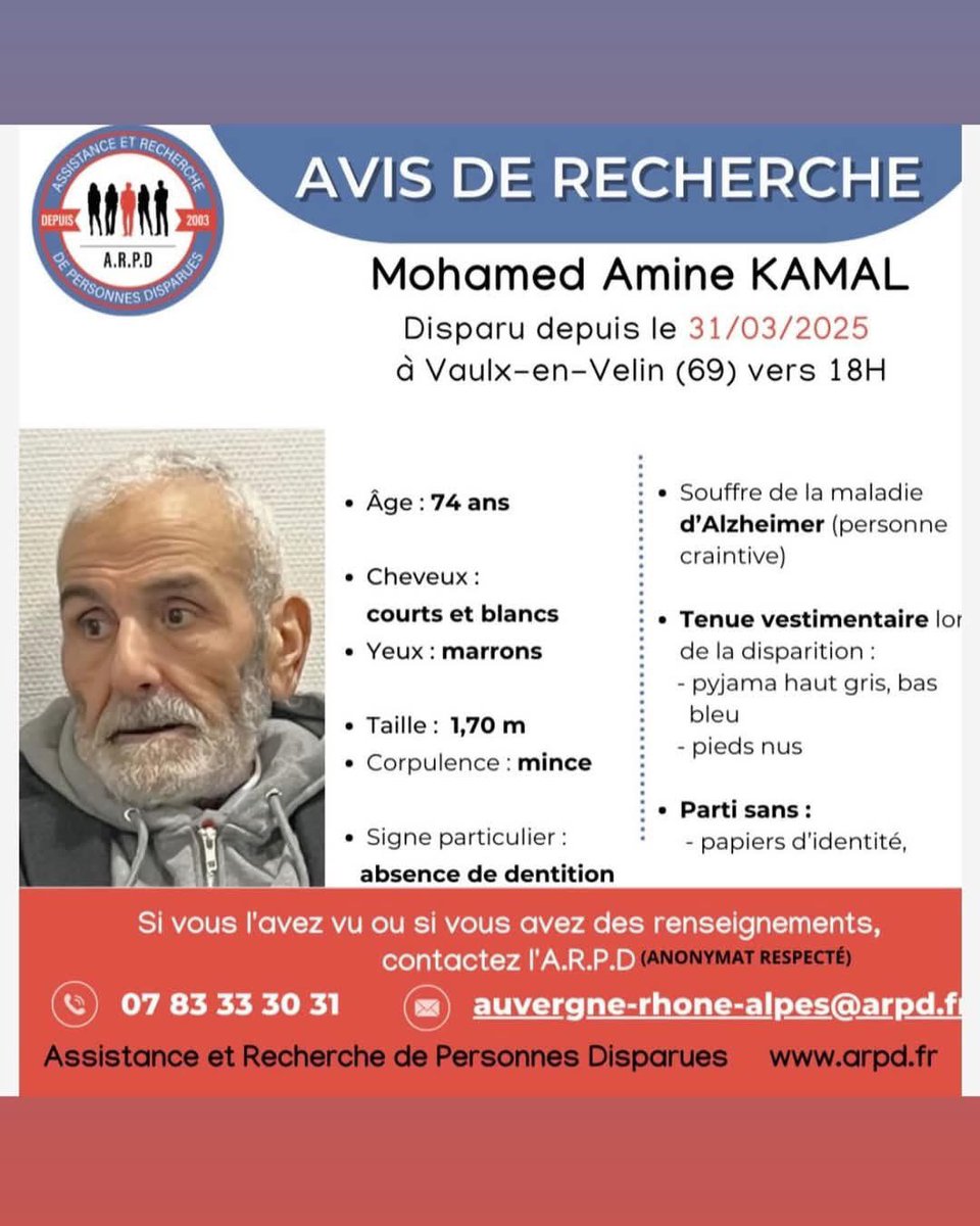 SihemDjoudi's tweet photo. Svp ce papa a disparu depuis plaisirs Jours si vous le voyez ou pouvez retweeter jazakoum Allah kheir @Alkanz @LesMusulmans @janaza_app #disparition #lyon https://t.co/gn84FPEGhq
