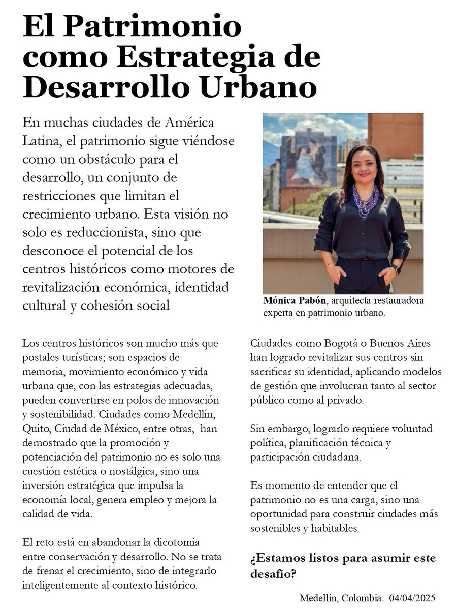 monpabon's tweet photo. El patrimonio no es un obstáculo, es una oportunidad.

Los centros históricos pueden ser motores de desarrollo sostenible, identidad y cohesión social.

Lee mi reflexión sobre el tema.

#PatrimonioUrbano #Urbanismo #CentroHistórico #CiudadesVivas https://t.co/zeo5F1sryP