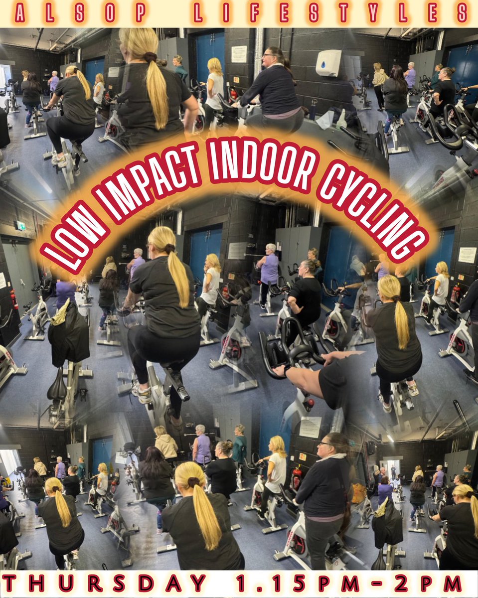 🌟 Join Us for Low Impact Indoor Cycling!  

🚴‍♂️ Enjoy a relaxed ride tailored for you.  
🕒 When: THURSDAY 13:15 (45 mins)  
📍 Where: Alsop Lifestyles  
👨‍🏫 Instructor: Colin  

✅ Benefits:  
- Gentle on joints  
- Boosts mood &amp; fitness  
- Fun social experience!