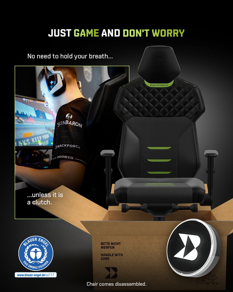 There are quite a few advantages getting a high quality gaming chair Made in Germany. Among them: better air quality and fewer emissions in your gaming room. One of the reasons we were awarded the Blauer Engel!
No more airing out the chair after assembling it and before being