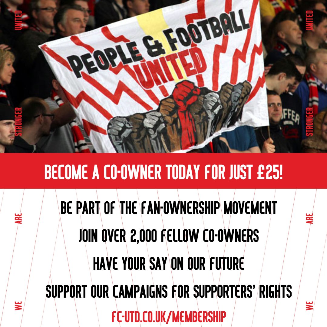 Become a co-owner of FC United of Manchester for just £25!   

As a member, you'll have a say in major decisions like electing the Board and setting ticket prices. 

Join us in putting supporters at the heart of football. 

fc-utd.co.uk/membership?utm…