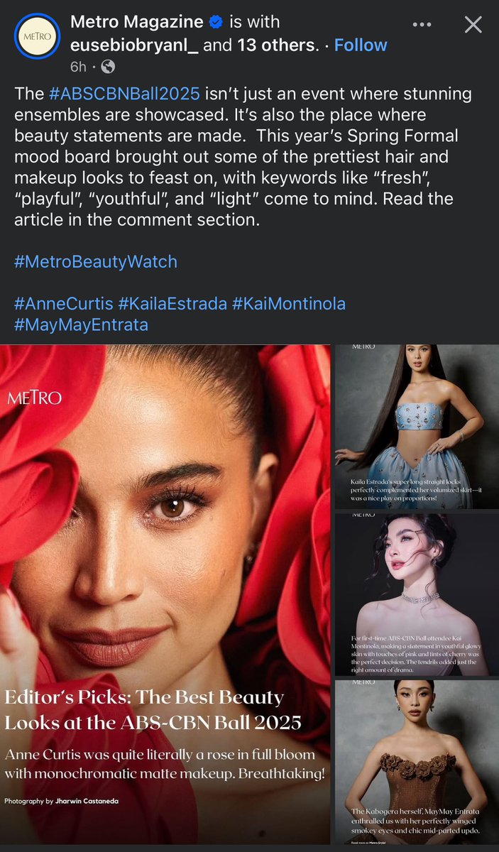 jheanna08's tweet photo. Metro Magazine’s Editor’s Picks: The Best Beauty Looks at the #ABSCBNBall2025 

#AnneCurtis
#KailaEstrada
#KaiMontinola
#MaymayEntrata 

The Kabogera herself, @maymayentrata07 enthralled us with her perfectly winged smokey eyes and chic mid-parted updo. https://t.co/cyhCB0ckU5