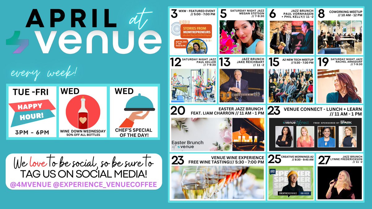 Our April event calendar at Venue is packed full of activities! Lots of great networking opportunities, as well as, our long running live jazz series. We love our little spot in the Community.

experience4m.com